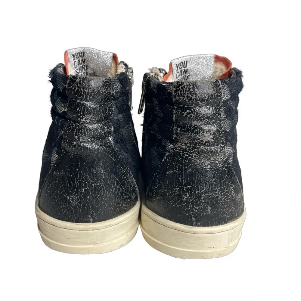 P448 high top sneakers glitter lace metallic Black silver orange  Sz 38 or 7.5/8